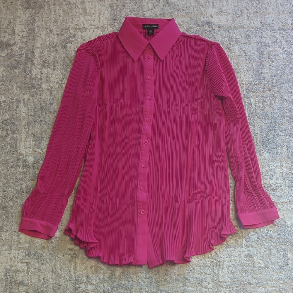 NWT PrettyLittleThing Hot Pink Plisse Oversized Shirt Size 0 - Picture 3 of 9